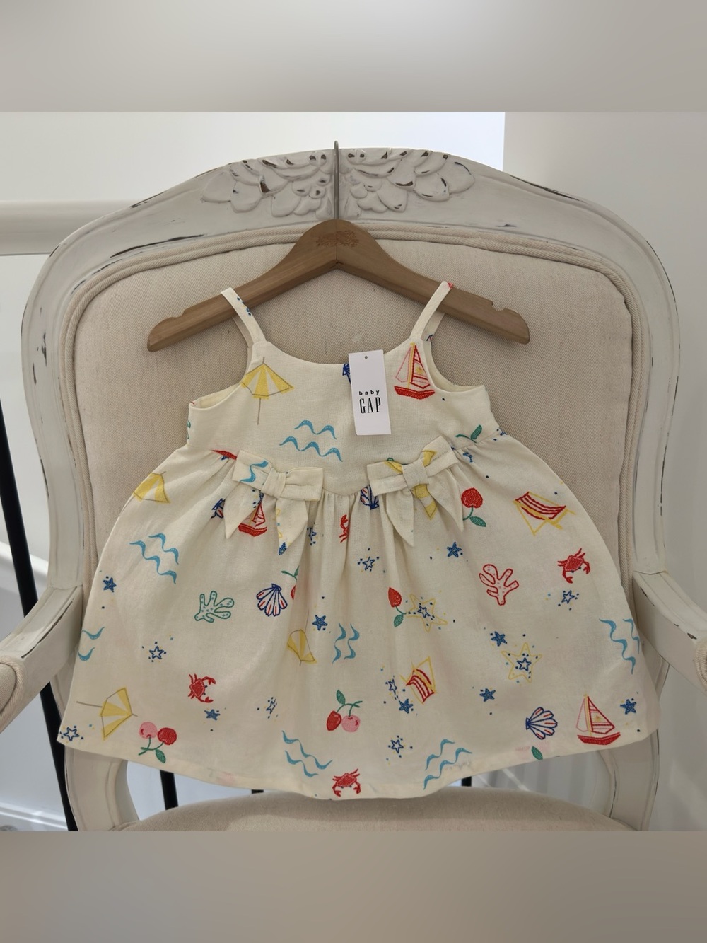 🦞 18~24 Mth Linen Seaside CoasPrint Bow Baby Dress Cherries, Boat, Clams NWT
